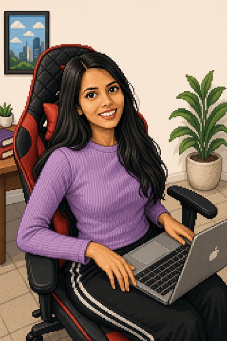 Pixel-art illustration of Pallavi Bhimte sitting in a gaming chair, working on a laptop
